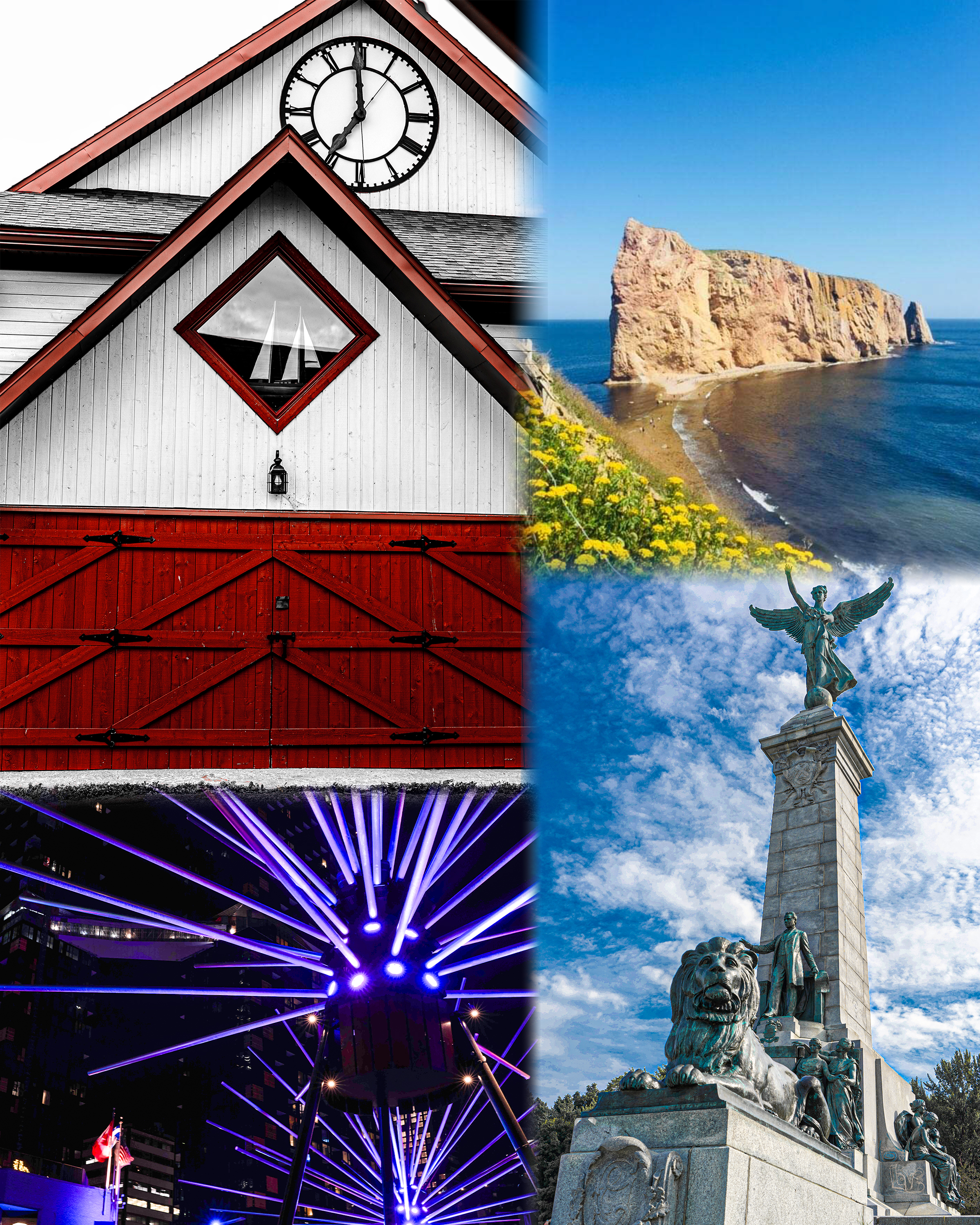 A close-up of a red and white building with a clock, featuring a diamond-shaped window reflecting a sailboat.