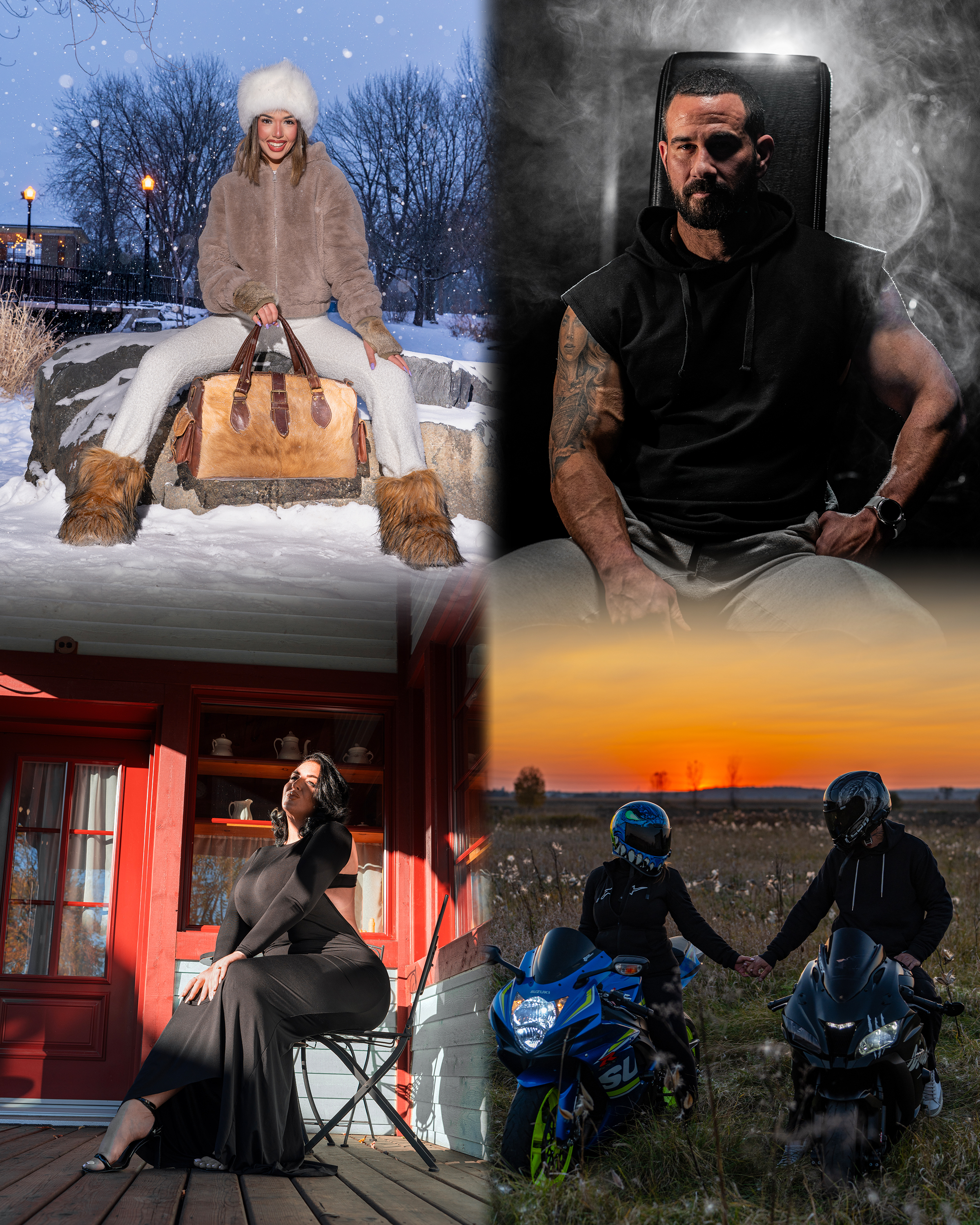 A woman wearing winter attire sits on a rock in a snowy outdoor setting.