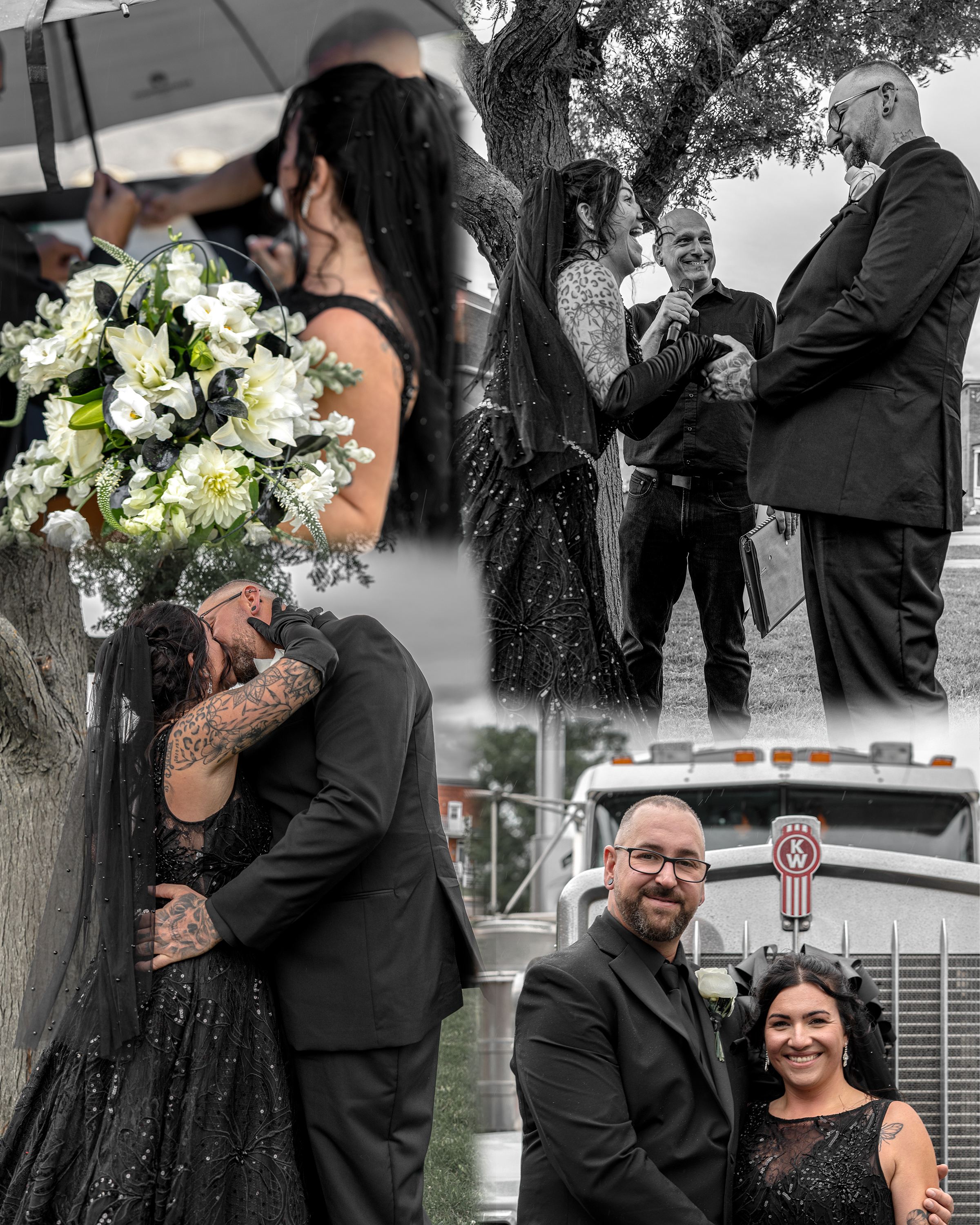A collage of wedding moments featuring a couple in elegant black attire, sharing a kiss, exchanging vows under an umbrella, and posing together, set against a vintage truck backdrop.